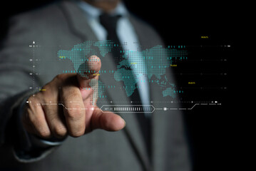 Businessman pointing glowing digital world map on virtual screen.