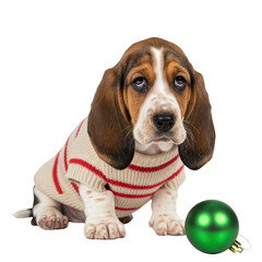 Adorable Basset Hound Puppy Dressed In A Festive Striped Sweater With A Green Ornament