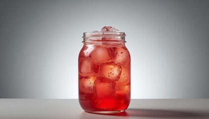 Red Liquid in Glass Jar with Ice Cubes, Minimalist Composition, Studio Lighting.