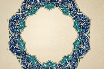 Ornate floral medallion composed of blue, cyan, and gold patterns circles a beige background