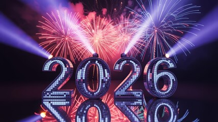 A dazzling New Year's Eve celebration with fireworks and the year 2026 illuminated in sparkling numbers.