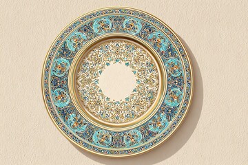 Ornate golden plate featuring detailed turquoise patterns rests against a textured beige wall