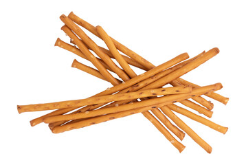 heap of salty cracker pretzel sticks isolated on white background