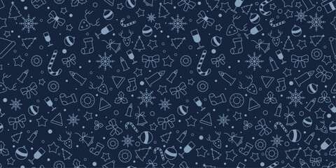 Christmas holiday pattern with white icons on blue background, including gifts and snowflakes vector