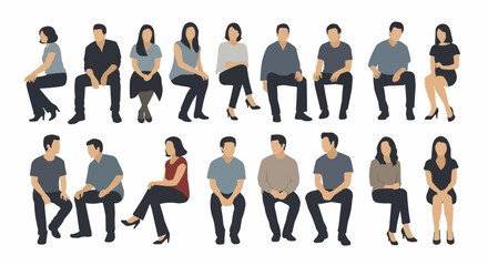 Group of diverse people sitting in various poses, front view.