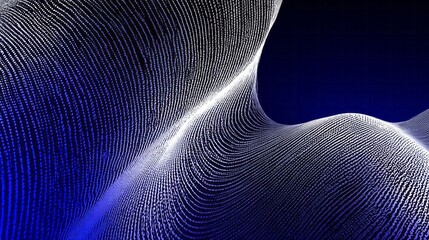 Illuminated flowing mesh of white particles creates an abstract wave pattern against a dark blue gradient background