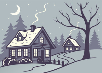 Cozy Winter Landscape with Snow-Covered Log Cabins