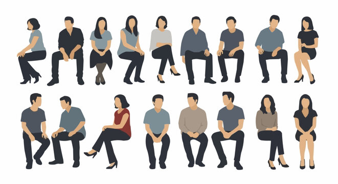 Group of diverse people sitting in various poses, front view.