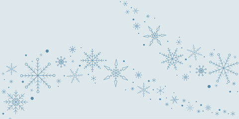 Glitter snowflakes wave on white background. Golden snowflakes border with different ornaments. Luxury Christmas garland. Gold winter ornament for packaging, cards, invitations