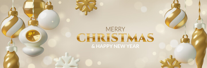 Merry Christmas and New Year 3d realistic banner with gold ornaments and holiday bokeh lights. Vector festive background design.