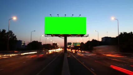 Green Screen 4k advertising billboard on sidelines of expressway with traffic at evening time lapse scene 4 distortion, overlay, glitch, static noise, scan lines black background, animated video loop