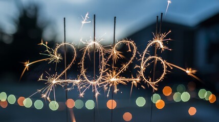 Sparklers light up the numbers 2026 against a blurred background of bokeh lights.