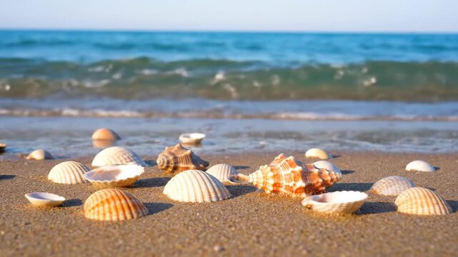 Serene ocean beach with colorful seashells and gentle waves relaxing scenery
