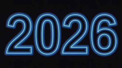 A glowing blue neon sign displaying the year 2026 on a black background.