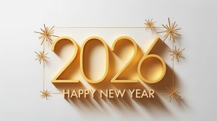 Elegant golden 2026 text with 'Happy New Year' below, surrounded by starbursts on a white background.