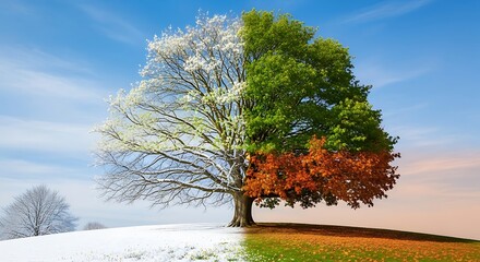 A magnificent tree represents all four seasons simultaneously winter, spring, summer, and autumn, showcasing nature's beautiful and continuous cycle
