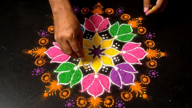 Person Making Beautiful Colorful Rangoli Kolam Art for Indian Festival Celebration