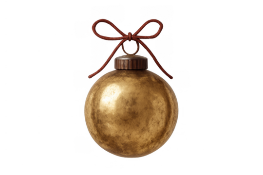 Golden christmas bauble decoration with red bow ribbon and string, adding festive holiday spirit, transparent background
