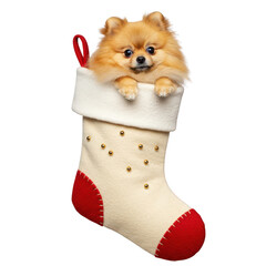 Adorable Pomeranian Puppy Peeking Out of Festive Christmas Stocking