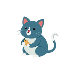 Cute cartoon blue cat holding a small fish isolated on white background