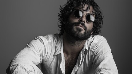 Portrait of a man with curly hair and beard wearing sunglasses and an unbuttoned white shirt