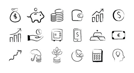 Collection of hand drawn financial money icons silhouette