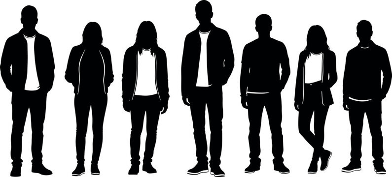 Seven silhouette figures standing, casual clothing, diverse postures, black illustration, minimal design, group identity, unity, inclusion, people concept, white background