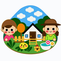 Charming cartoon children and house in a sunny garden scene isolated on white background