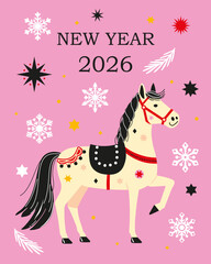 New Year Horse 2026. Festive illustration of a horse on a pink background with snowflakes and stars. Cheerful holiday card design celebrating the New Year 2026. Perfect for seasonal greetings, prints