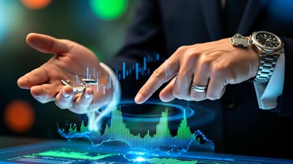 A businessman interacts with a futuristic digital interface, showcasing data analytics and technology. The image highlights innovation, strategy, and the digital economy. - Powered by Adobe