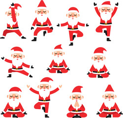 A collection of cartoon Santa Claus characters in red suits practicing various yoga and meditation poses.