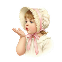 Sweet Child Sending A Gentle Kiss With A Bonnet Adorned With Lace And Pink Ribbons