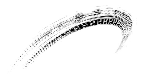 Grunge tire track, wheel braking marks. Truck, car or motorcycle tread pattern silhouette. Auto race, motorsport, speed racing design element. Vector illustration