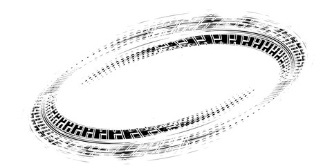 Grunge tire track, wheel braking marks. Truck, car or motorcycle tread pattern silhouette. Auto race, motorsport, speed racing design element. Vector illustration