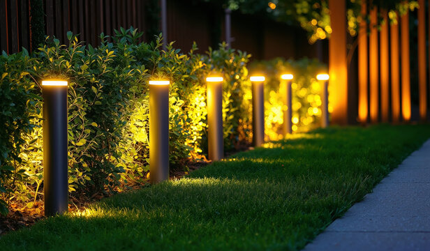 Garden path featuring modern bollard lights illuminating backyard