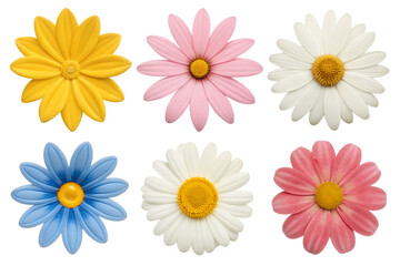 Six colorful daisy flowers in yellow pink white and blue arranged against a black background