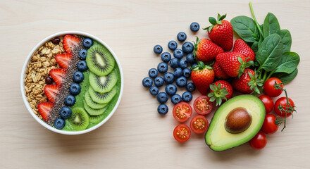Top View of Healthy Food Ingredients with Fruits and Vegetables on Wooden Table