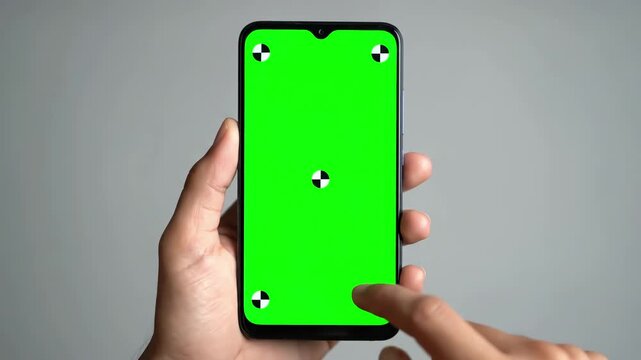 Mobile Application Interface with a set phone in hand green screen and tracking markers along tapping display the video includes luma matte mask you can tap wherever want distortion, overlay, glitch