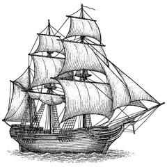 Sailing Ship Engraving, Vintage Line Art of Historical Tall Ship with Sails, Detailed Black and White Etching Illustration Isolated on Transparent Background