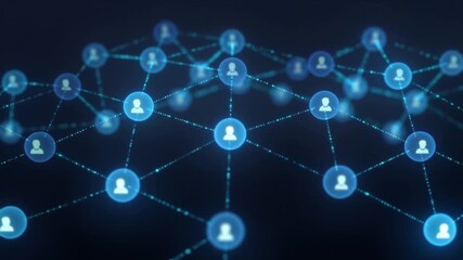 Abstract digital network of interconnected glowing blue nodes representing global connections and communication - Powered by Adobe