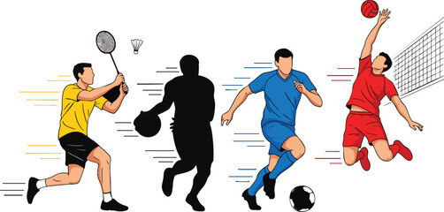 A dynamic vector illustration set of four male athletes playing badminton basketball soccer and volleyball in action poses.