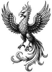 Phoenix Engraving, Vintage Line Art of Mythical Fire Bird, Detailed Black and White Etching Illustration Isolated on Transparent Background