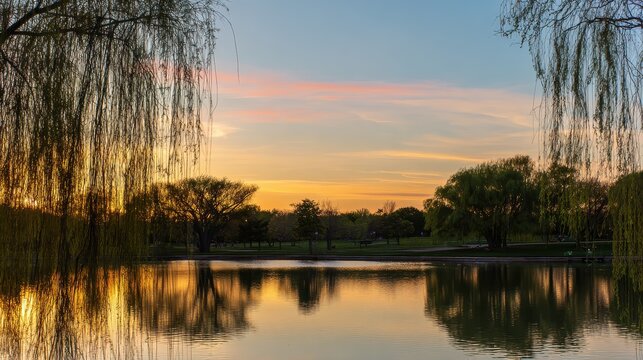 willow. Tranquil lakeside scene with weeping willow and pastel sky mirrored in calm waters. travel magazines, destination branding, designed for outdoor magazines and nature guides.