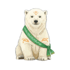 Whimsical Polar Bear Cub Adorned With Festive Green Sash And Ancient Tribal Markings