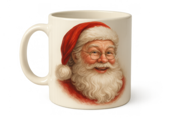 Santa claus smiling portrait on a white ceramic mug, christmas holiday concept, transparent background