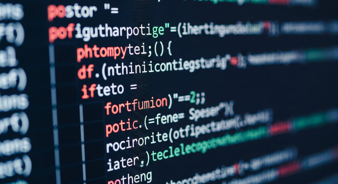 Close-up macro shot of a computer screen with blurred programming code, developer concept.