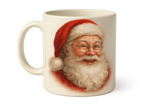 Santa claus smiling portrait on a white ceramic mug, christmas holiday concept, transparent background