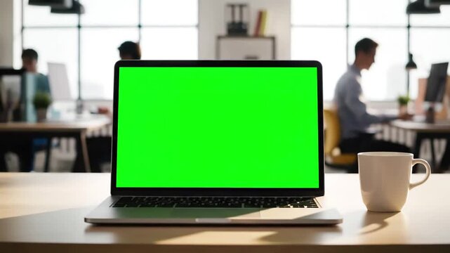 Green Screen laptop on the desk in office shows mock up background bright creative open space loft hub with professional working scene 4 distortion, overlay, glitch, static noise, scan lines black
