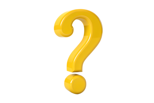Bright yellow question mark symbol with a glossy finish against a stark black background representing inquiry and uncertainty