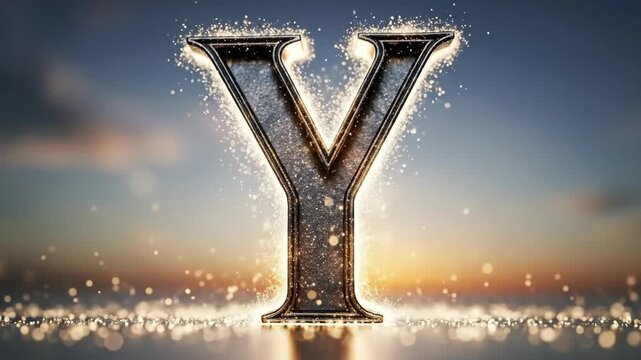 A captivating three-dimensional letter 'Y' surrounded by shimmering particles against a vibrant sunset backdrop, symbolizing creativity and expression in design.